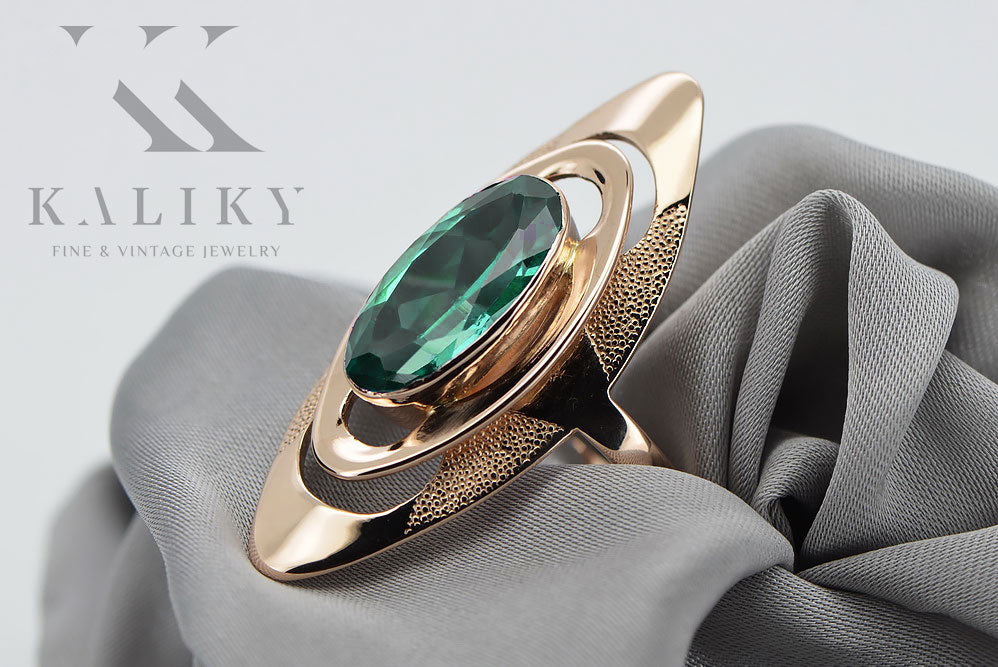 Vintage Emerald Sapphire Oval Ring in 14K Rose Gold (vrc189r-em) — worn on the neckline, showing the drape