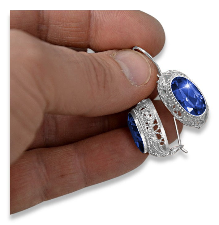 Vintage Sapphire Oval Earrings in Sterling Silver (vec023s-sp)