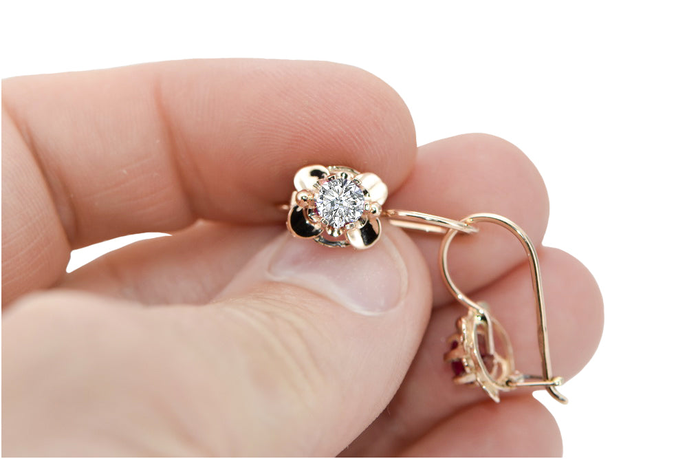 Vintage Zircon Craft Earrings in 14K Rose Gold (vec116r-zi) — close-up of the stone and setting