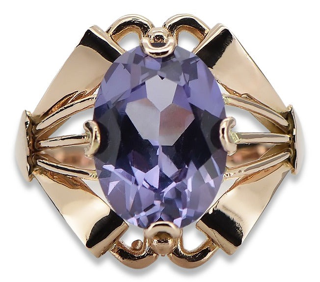 Vintage Alexandrite Ring in 14K Rose Gold (vrc015r-ax) — worn on the neckline, showing the drape