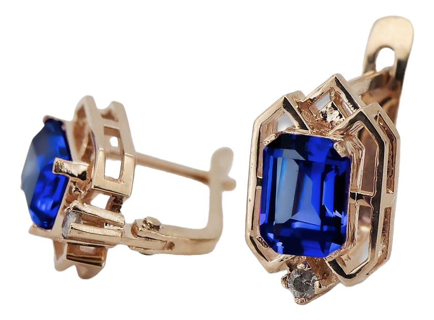 Vintage Sapphire Diamonds Craft Earrings in 14K Rose Gold (vec020r-sp) — worn on the hand, showing profile