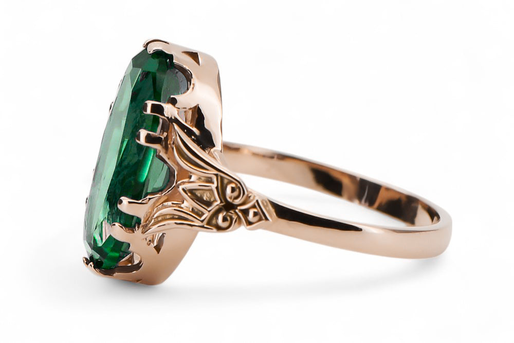 Vintage Emerald Ring in 14K Rose Gold (vrc058r-em) — worn on the hand, showing profile