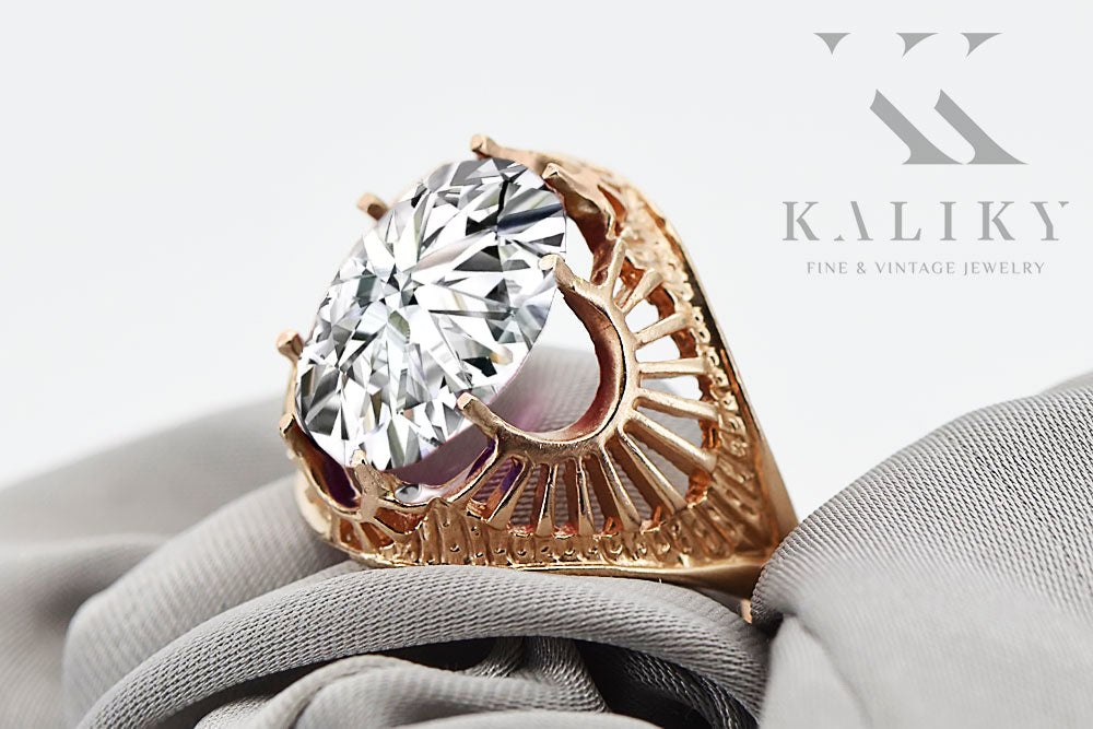 Vintage Zircon Ring in 14K Rose Gold (vrc003r-zi) — worn on the neckline, showing the drape