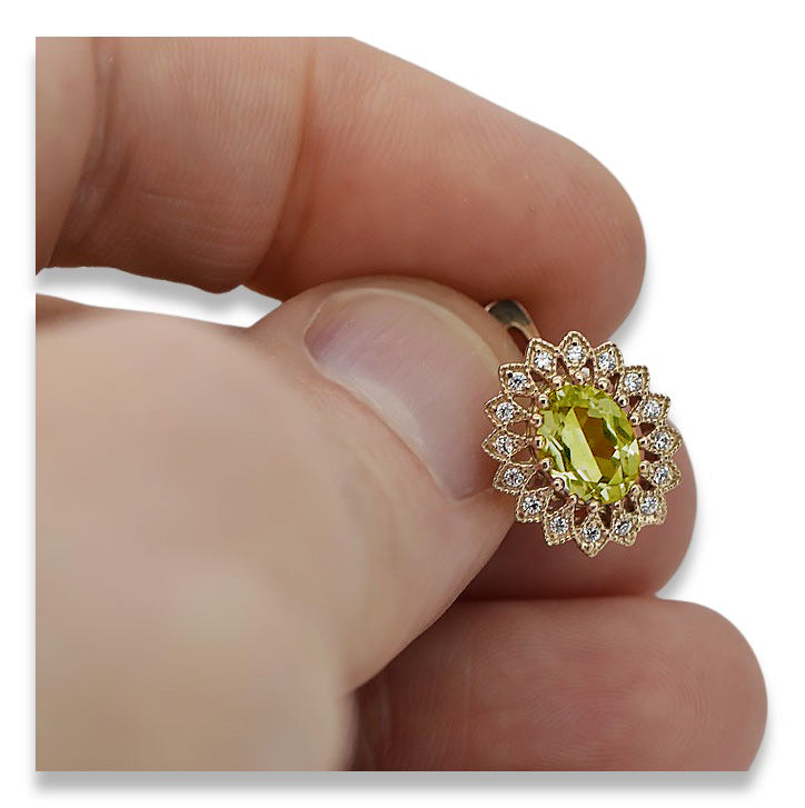 Vintage Yellow Peridot Earrings in 14K Rose Gold (vec125r-yp) — worn on the neckline, showing the drape