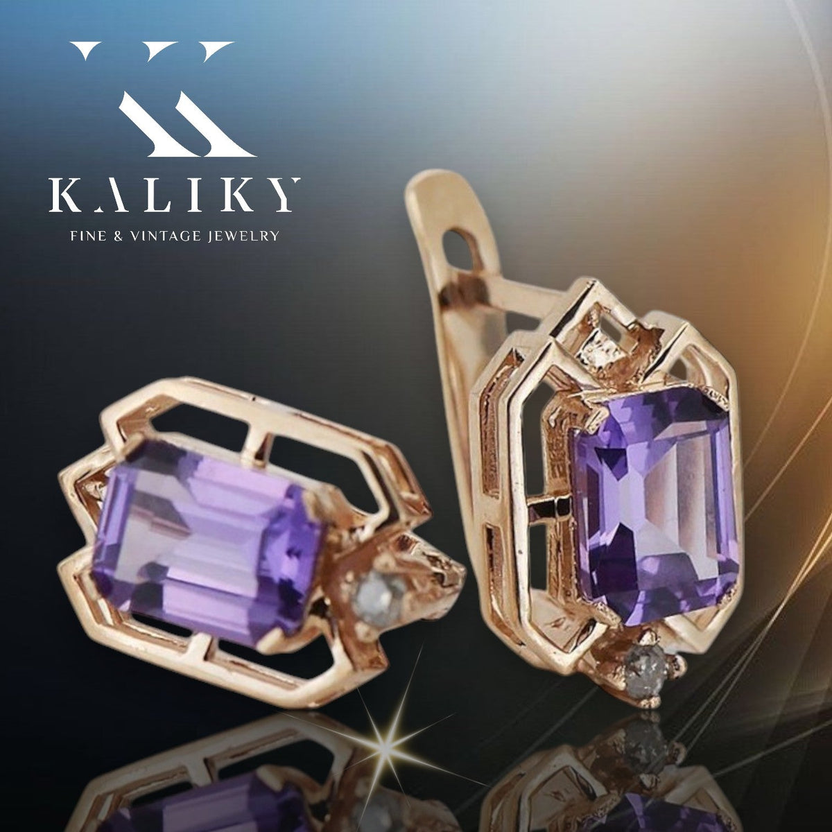 Vintage Alexandrite Diamond Earrings in 14K Rose Gold (vec020r-ax) — detail of the metal texture