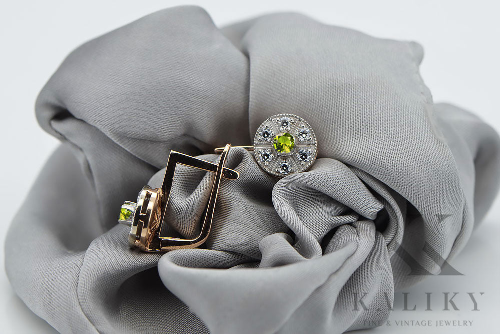 Vintage Yellow Peridot Earrings in 14K Rose & White Gold (vec161rw-yp) — back view with the clasp