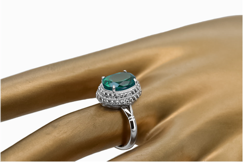 Vintage Emerald Ring in Sterling Silver (vrc068s-em) — worn on the hand, showing profile