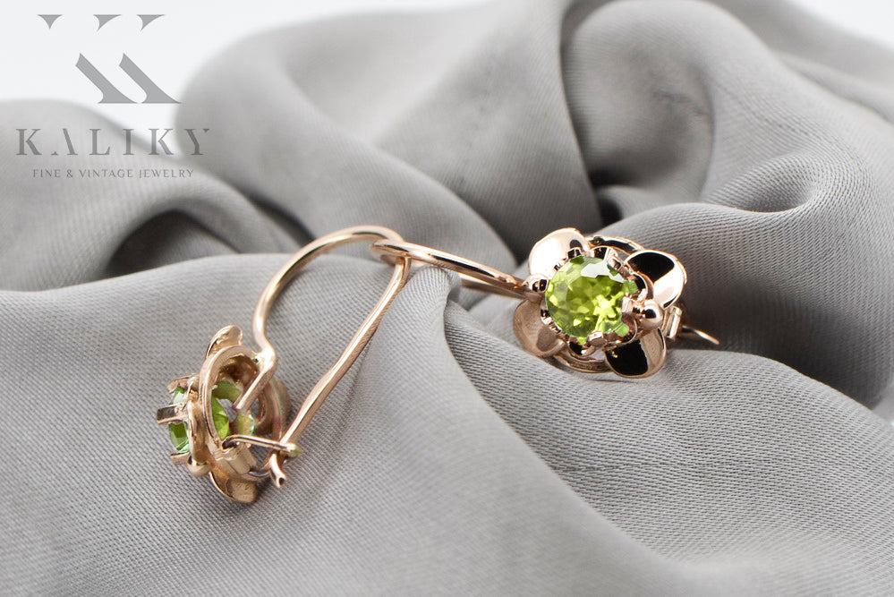 Vintage Yellow Peridot Craft Earrings in 14K Rose Gold (vec116r-yp) — worn on the hand, showing profile