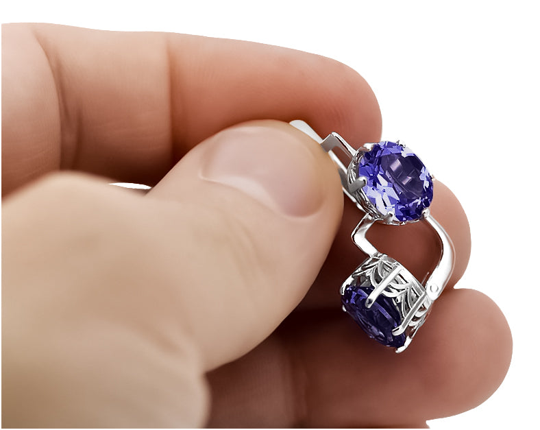 Vintage Alexandrite Earrings in Sterling Silver (vec003s-ax) — worn on the hand, showing profile