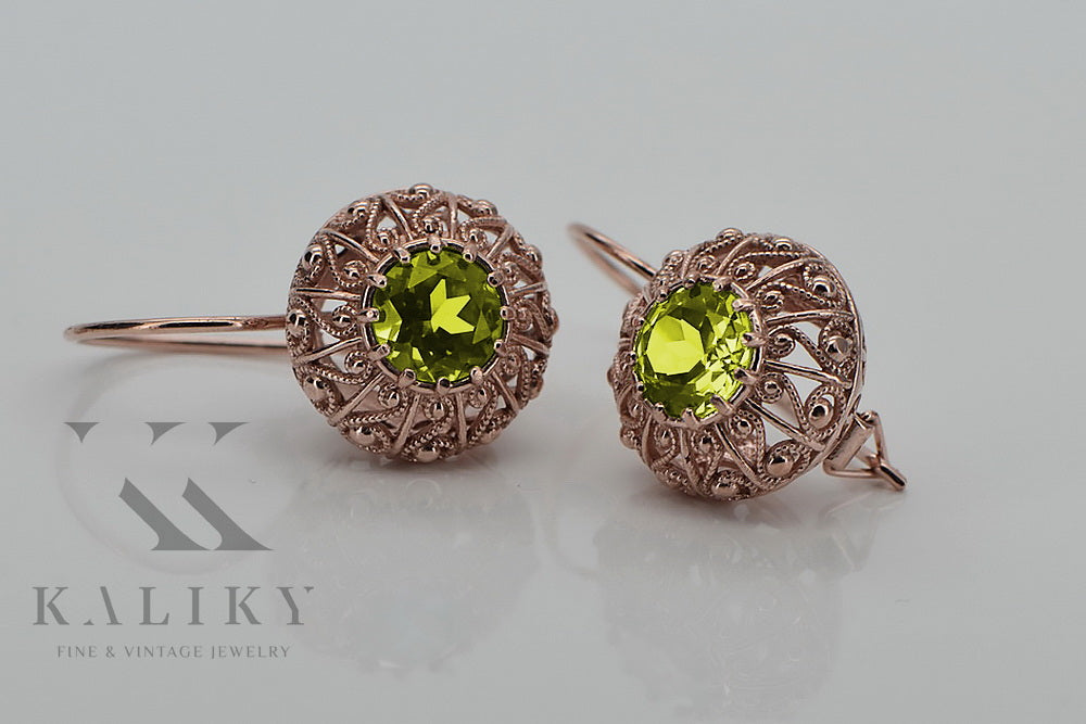 Vintage Yellow Peridot Earrings in 14K Rose Gold (vec002r-yp) — worn on the hand, showing profile