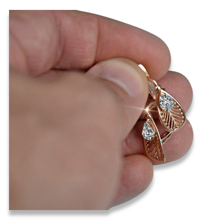 Vintage Zircon Zircone Earrings in 14K Rose Gold (vec067r-zi) — worn on the neckline, showing the drape