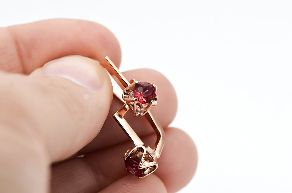 Vintage Ruby Earrings in 14K Rose Gold (vec005r-rb) — side view showing the setting