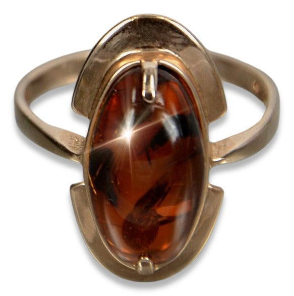 Vintage Amber Ring in 14K Rose Gold (vrab055) — close-up of the hallmark on the inner band