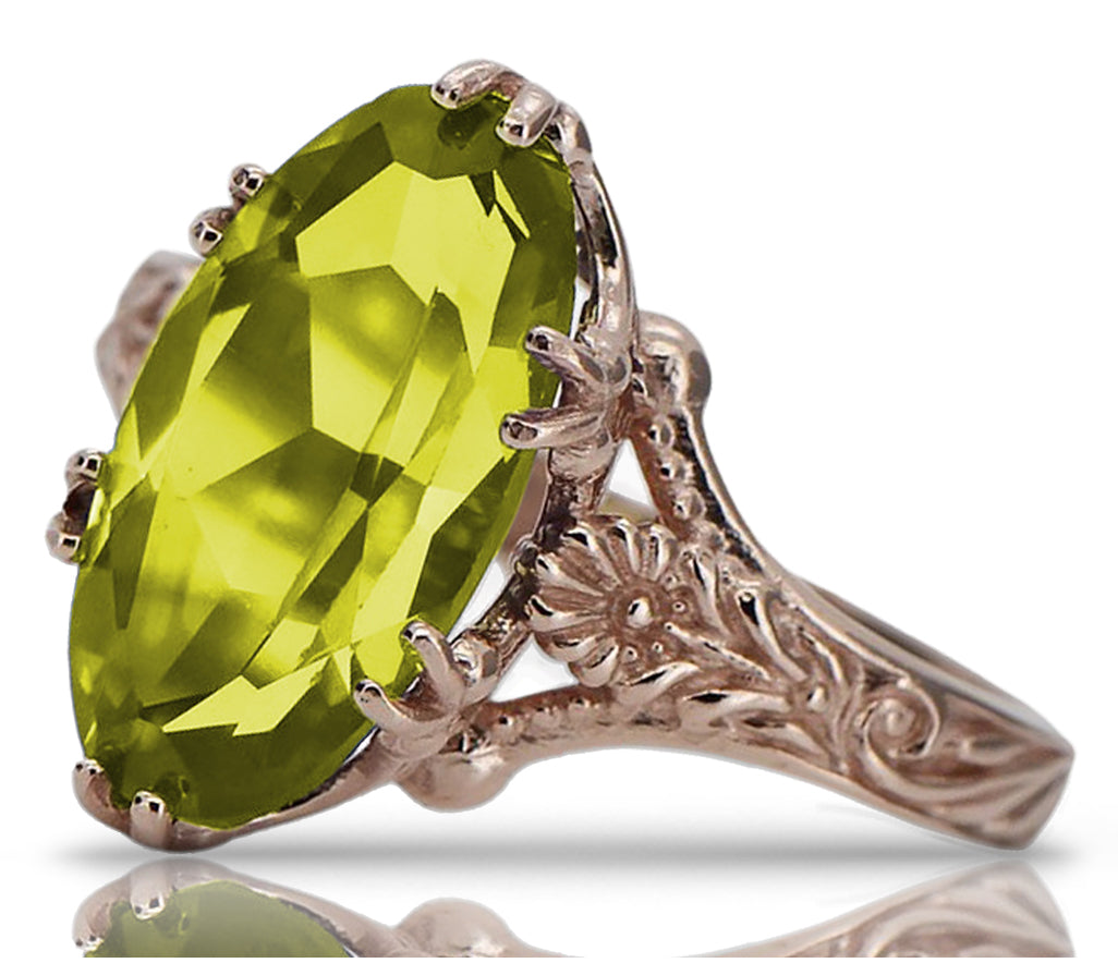 Vintage Yellow Peridot Ring in 14K Rose Gold (vrc084r-yp) — close-up of the stone and setting