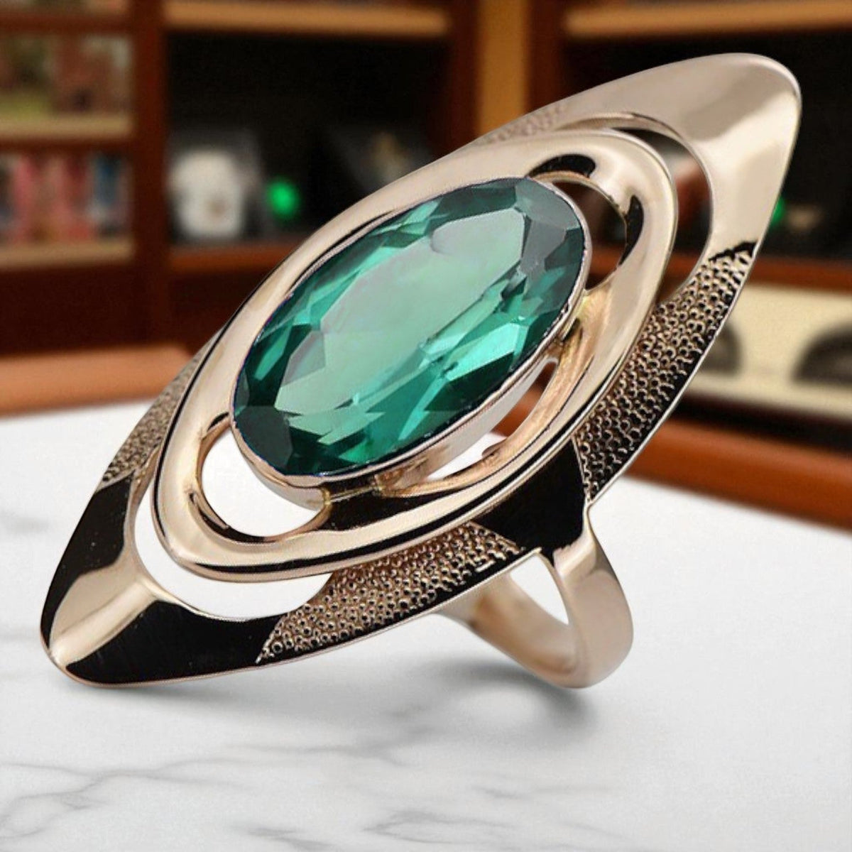 Vintage Emerald Sapphire Oval Ring in 14K Rose Gold (vrc189r-em)