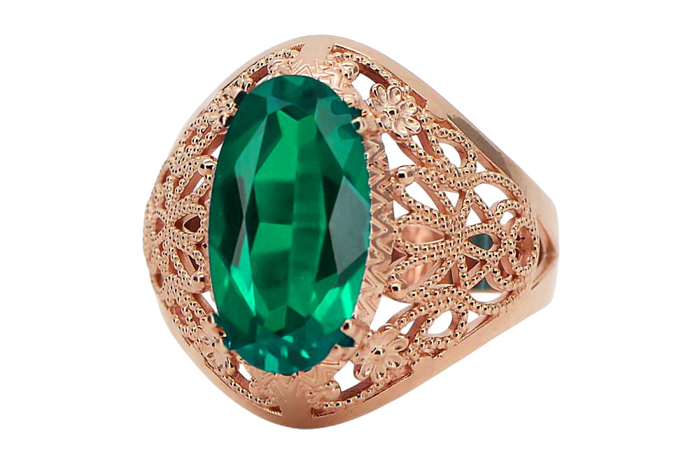 Vintage Emerald Ring in 14K Rose Gold (vrc074r-em) — worn on the hand, showing profile