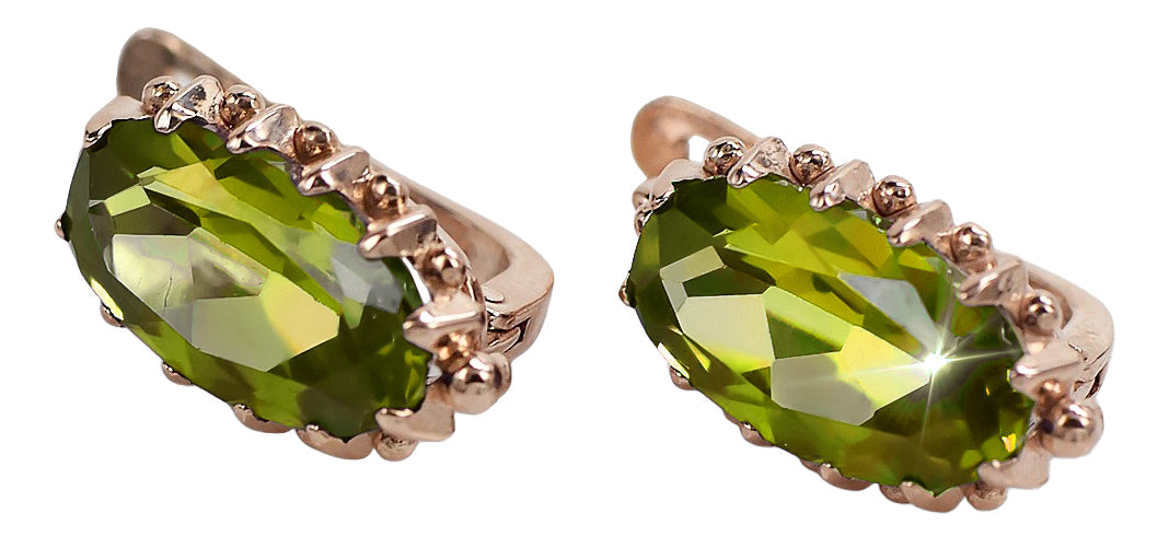 Vintage Yellow Peridot Earrings in 14K Rose Gold (vec174r-yp) — worn on the hand, showing profile