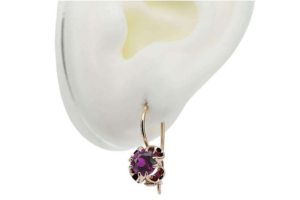 Vintage Amethyst Earrings in 14K Rose Gold (vec035r-am) — worn on the neckline, showing the drape