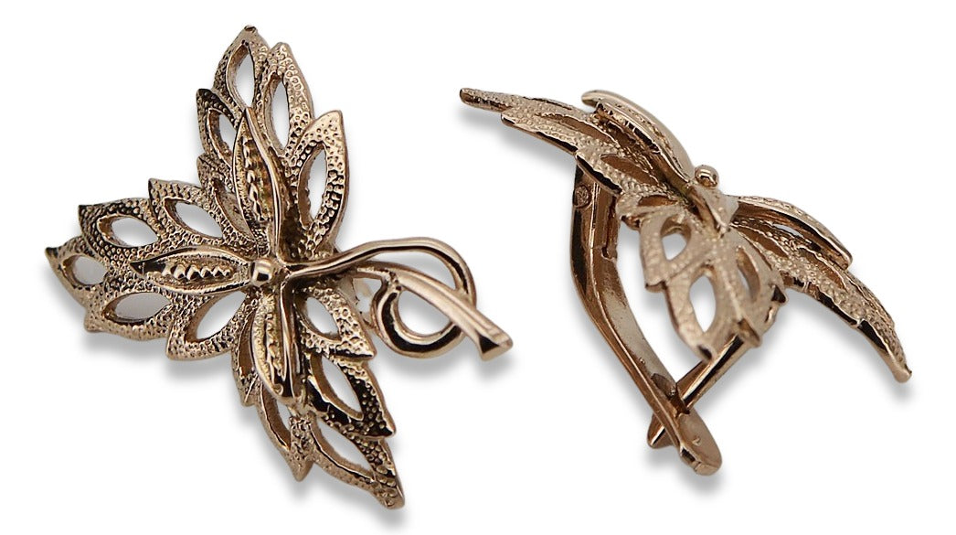 Vintage Maple Leaf Earrings in 14K Rose Gold (ven096r) — back view with the clasp