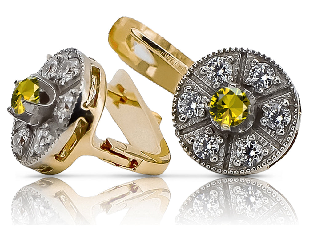 Vintage Yellow Peridot Earrings in 14K Yellow & White Gold (vec161yw-yp) — back view with the clasp