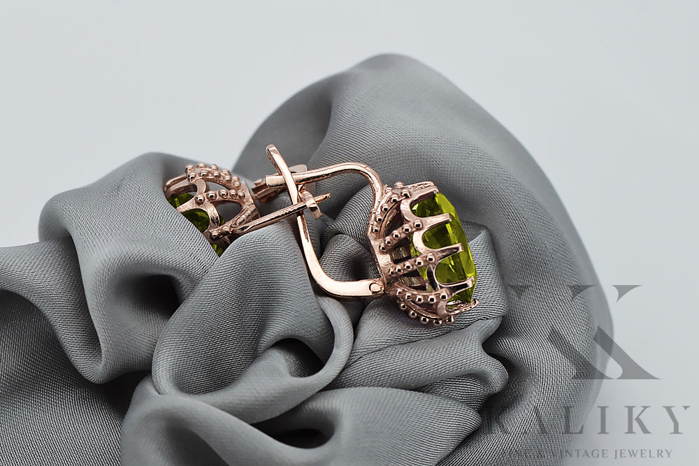 Vintage Yellow Peridot Earrings in 14K Rose Gold (vec079r-yp) — back view with the clasp