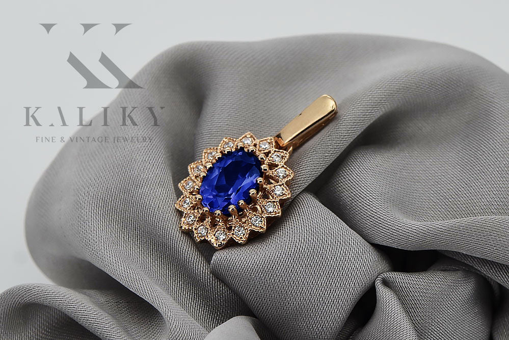 Vintage Sapphire Pendant in 14K Rose Gold (vpc018r-sp) — worn on the neckline, showing the drape