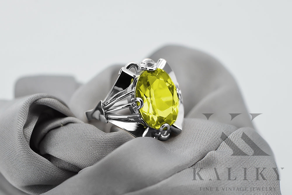 Vintage Yellow Peridot Ring in Sterling Silver (vrc015s-yp) — worn on the neckline, showing the drape