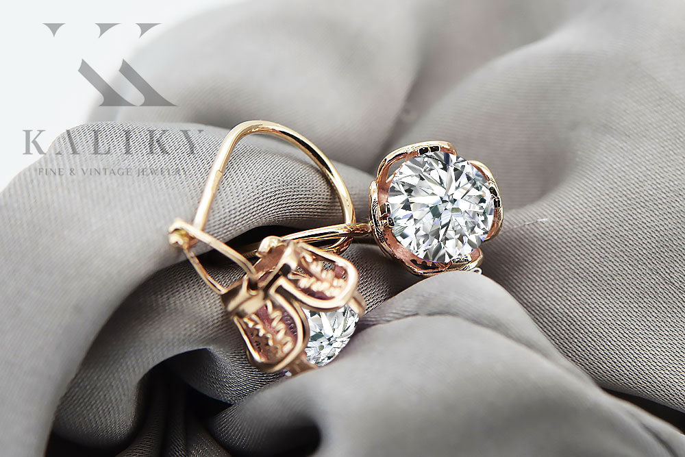 Vintage Zircon Earrings in 14K Rose Gold (vec029r-zi) — back view with the clasp