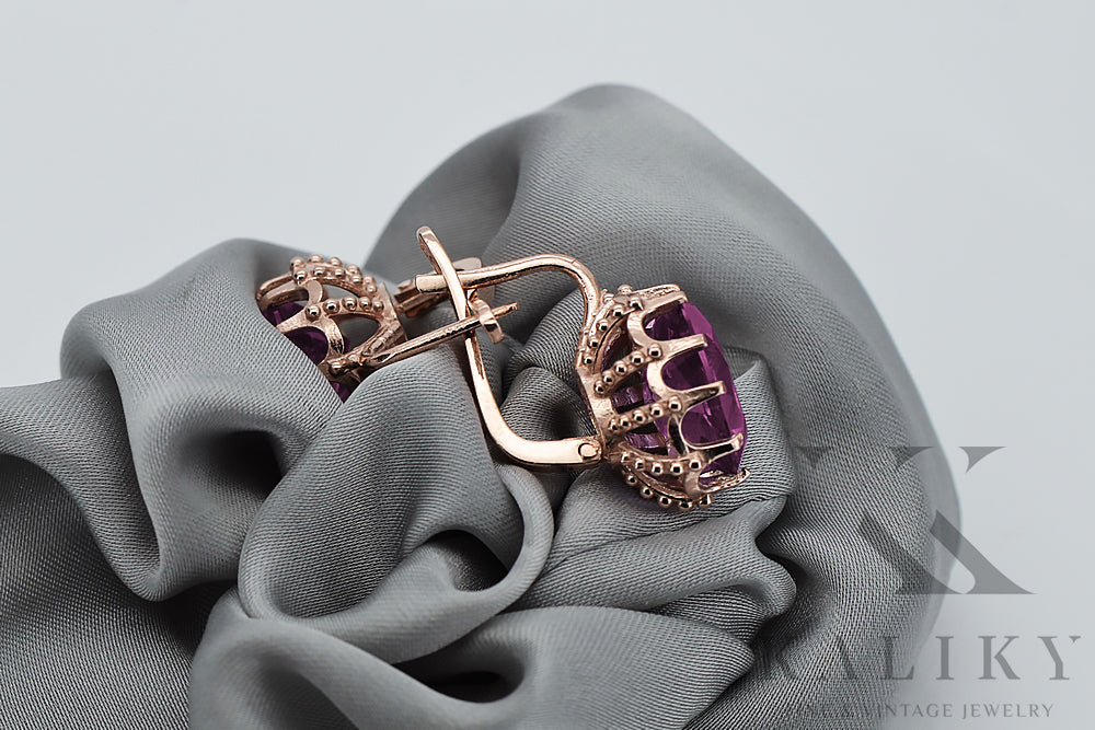 Vintage Amethyst Earrings in 14K Rose Gold (vec079r-am) — worn on the neckline, showing the drape
