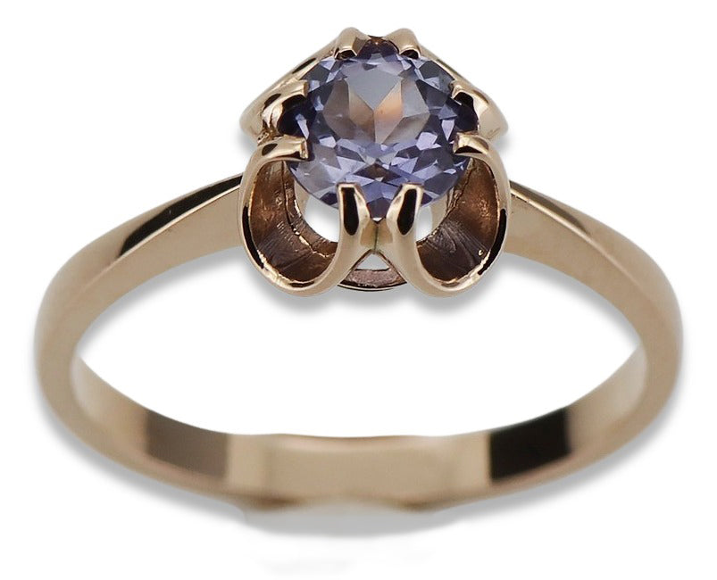 Vintage Alexandrite Ring in 14K Rose Gold (vrc348r-ax) — worn on the neckline, showing the drape