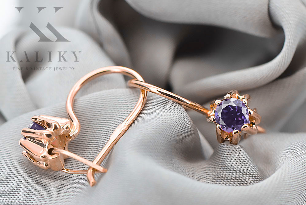 Vintage Alexandrite Craft Earrings in 14K Rose Gold (vec053r-ax) — worn on the neckline, showing the drape