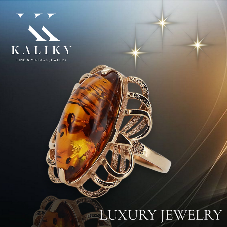 Vintage Amber Ring in 14K Rose Gold (vrab019)