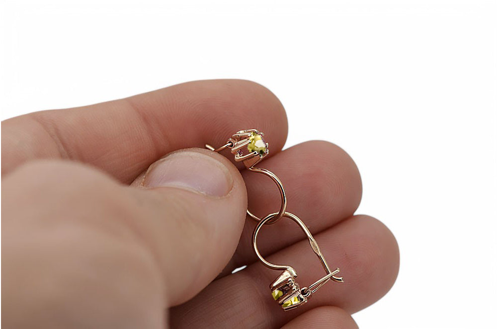 Vintage Yellow Peridot Earrings in 14K Rose Gold (vec053r-yp) — side view showing the setting