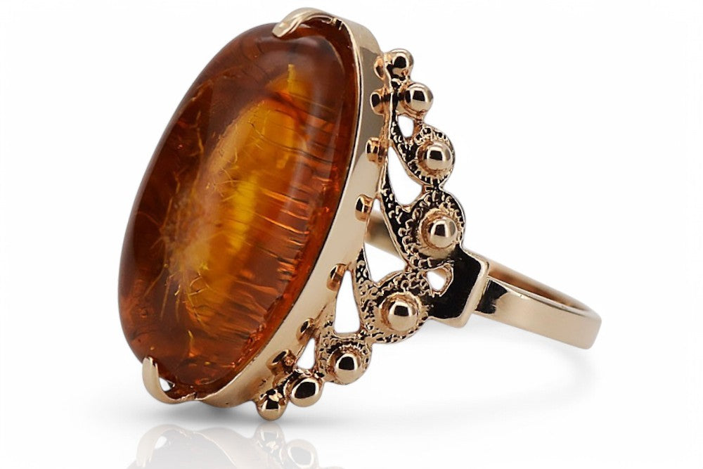 Vintage Amber Ring in 14K Rose Gold (vrab037) — worn on the hand, showing profile