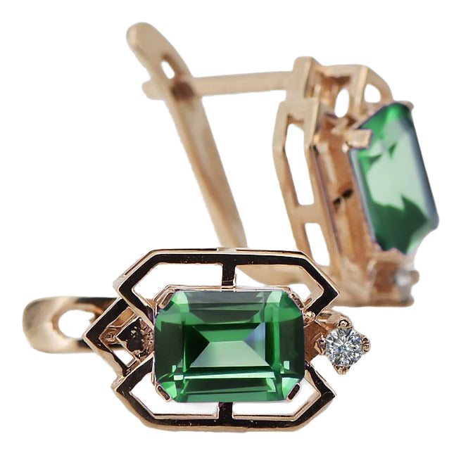Vintage Emerald Diamonds Craft Earrings in 14K Rose Gold (vec020r-em) — close-up of the stone and setting