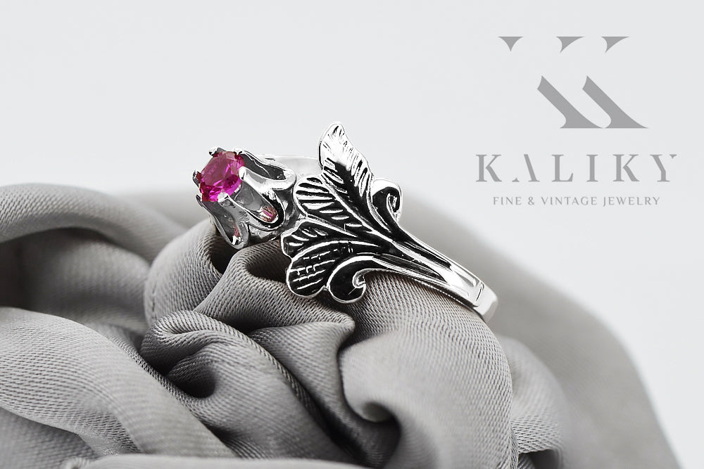 Vintage Ruby Ring in Sterling Silver (vrc169s-rb) — worn on the hand, showing profile