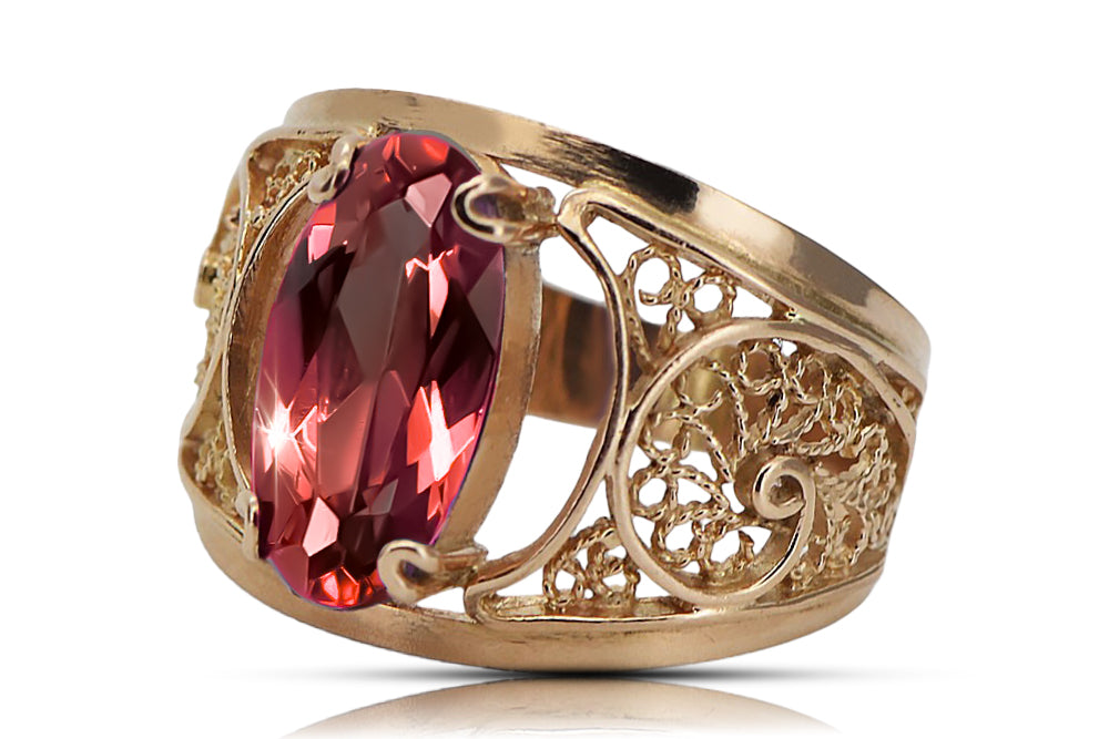 Vintage Ruby Ring in 14K Rose Gold (vrc057r-rb) — worn on the neckline, showing the drape