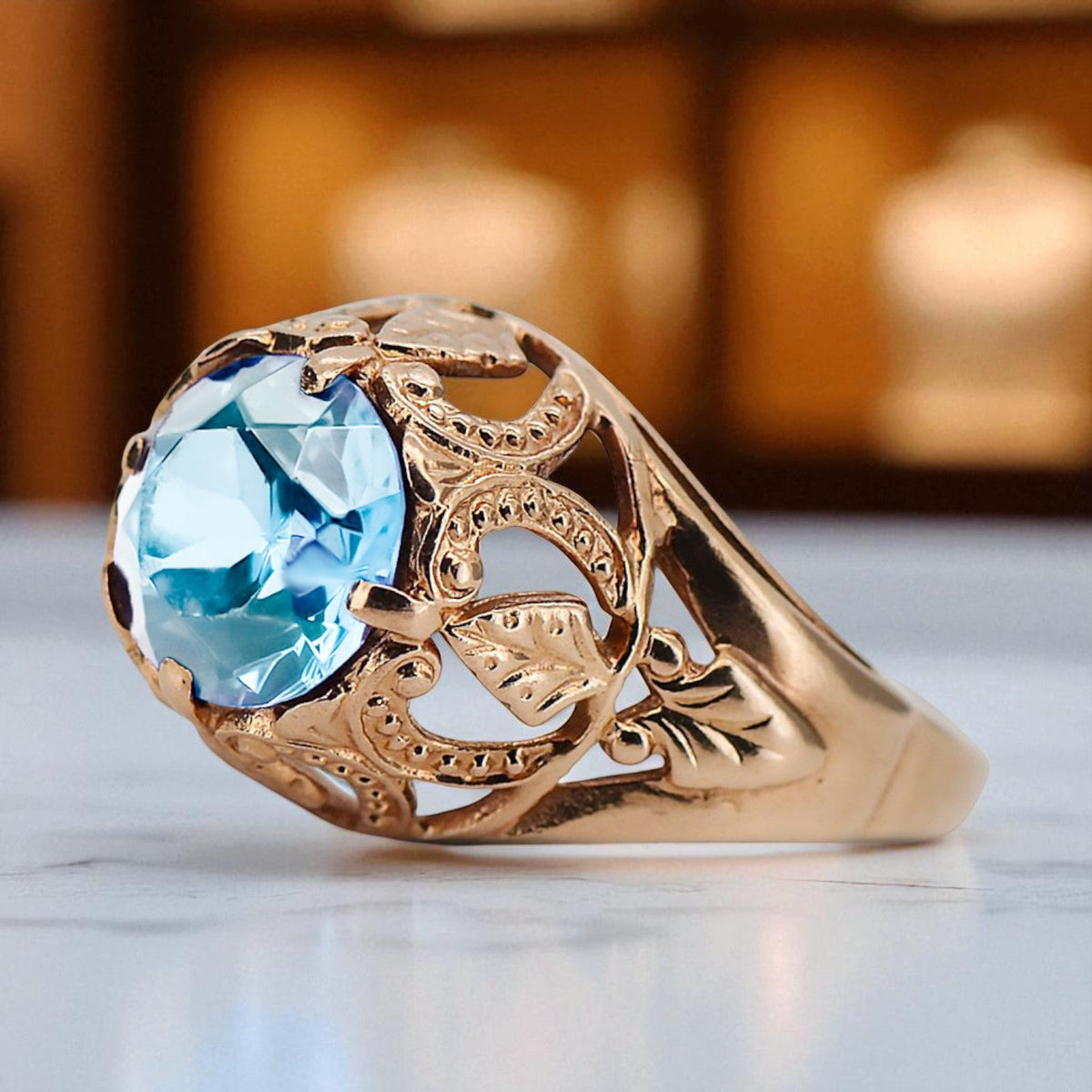 Vintage Aquamarine Ring in 14K Rose Gold (vrc080r-aq)