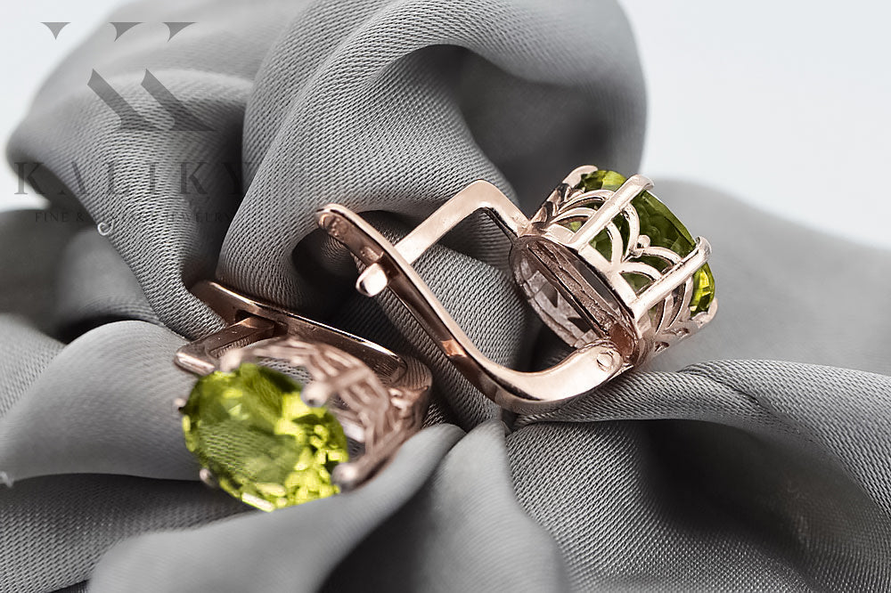 Vintage Yellow Peridot Earrings in 14K Rose Gold (vec003r-yp) — angled view catching the light