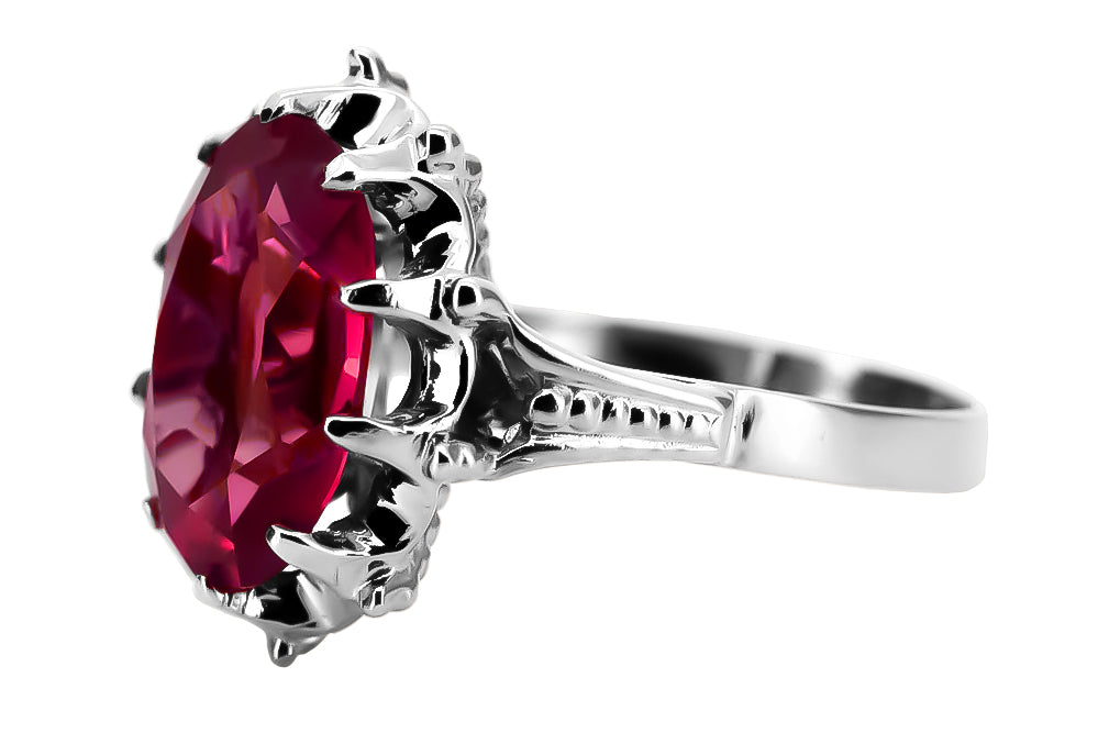 Vintage Ruby Ring in Sterling Silver (vrc079s-rb) — worn on the neckline, showing the drape