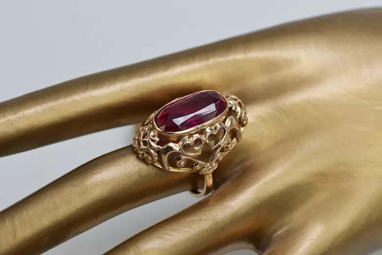 Vintage Ruby Alexandrite Emerald Sapphire Zircon Ring in 14K Rose Gold (vrc052) — close-up of the hallmark on the inner band